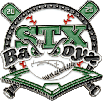Custom baseball lapel pin featuring crossed bats, a green 'STX' logo, and an angry baseball character with 'Bad Boyz' text.