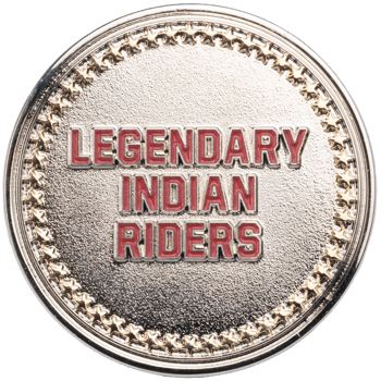 A silver-colored challenge coin with 'Legendary Indian Riders' in red recessed text, surrounded by a ring of embossed stars.