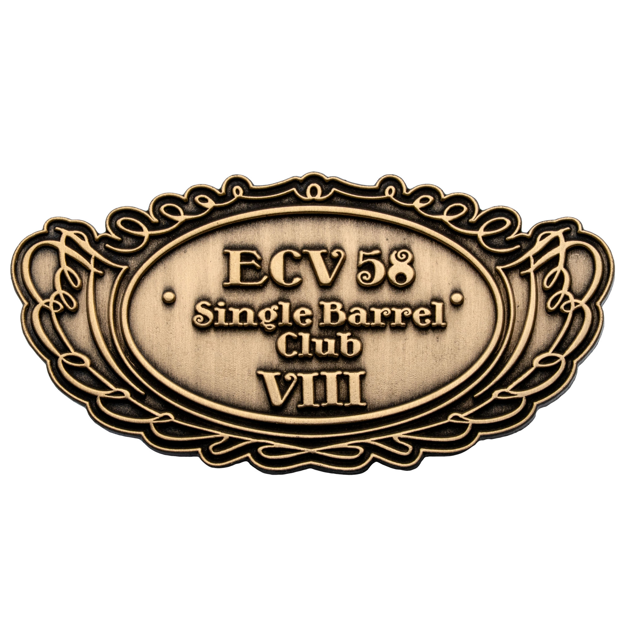 Antique bronze lapel pin featuring an ornate filigree border and the text ECV 58 Single Barrel Club VIII.