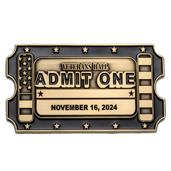 Ticket-shaped challenge coin in antiqued gold and black with Veterans Ball Admit One text, stars, and stripes.