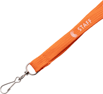 Bright orange staff lanyard featuring white printed text and a metal swivel J-hook clip.