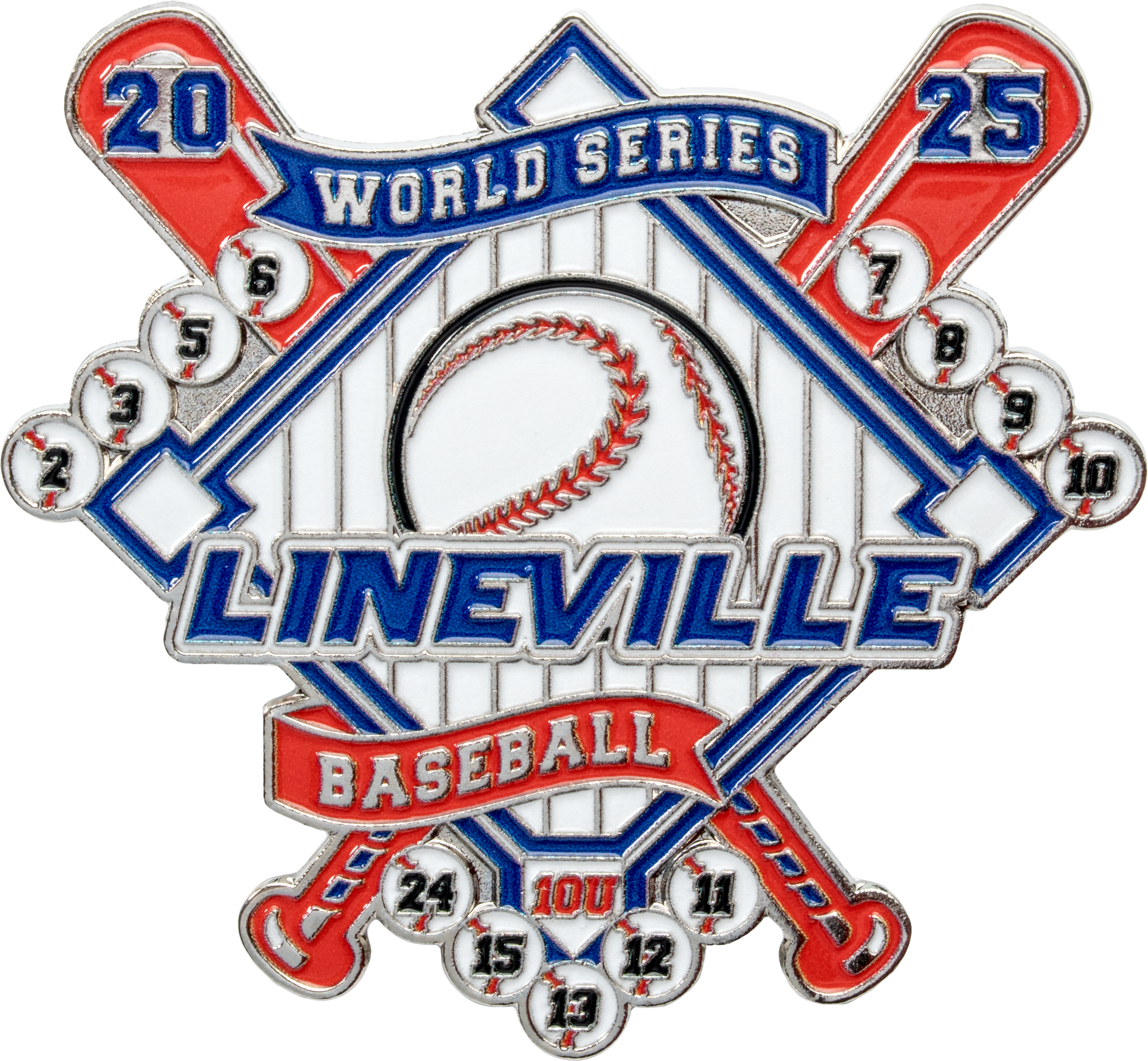 Custom baseball lapel pin featuring crossed bats, a diamond, and numbered baseballs for Lineville World Series 2025.