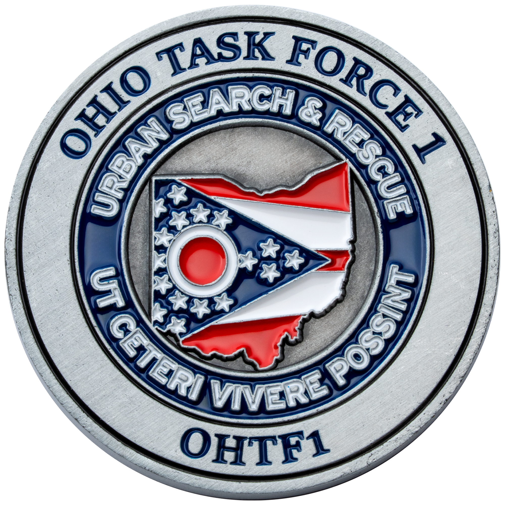 Silver challenge coin for Ohio Task Force 1 Urban Search and Rescue featuring the state of Ohio with a flag design.