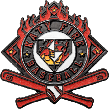 Shield-shaped lapel pin for Katy Fire Baseball featuring crossed bats, red glitter flames, and the year 2025.
