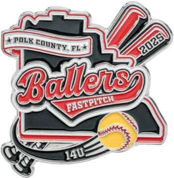 Custom softball lapel pin for Polk County Ballers Fastpitch 2025 featuring a softball, bat, and red and black enamel design.