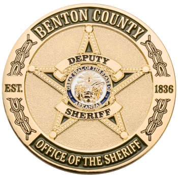 Gold challenge coin for Benton County Deputy Sheriff featuring a five-point star and the Great Seal of the State of Arkansas.