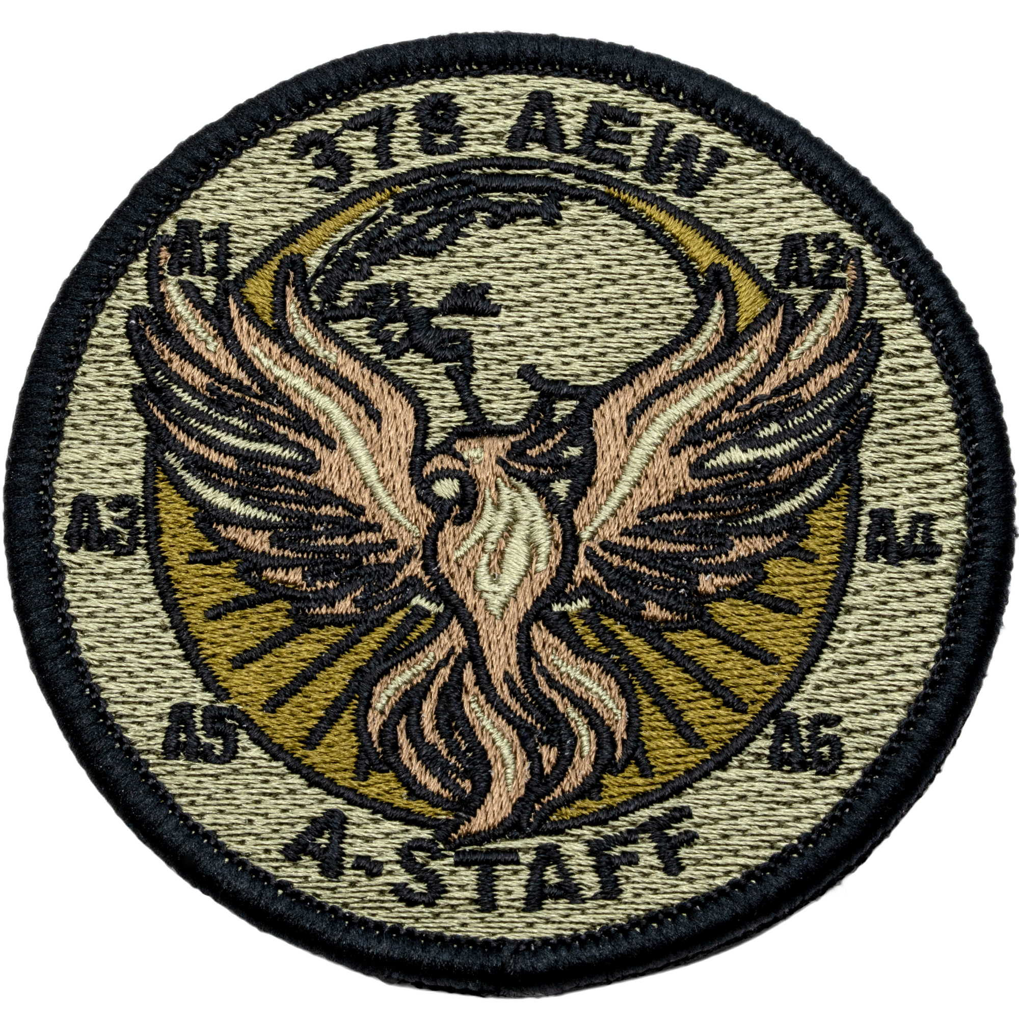 Embroidered 378 AEW A-STAFF patch featuring a phoenix rising from the sun with a globe background in tan and olive drab colors.