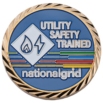 National Grid utility safety trained challenge coin featuring a flame and lightning bolt emblem, colorful horizontal lines, and a gold rope border.