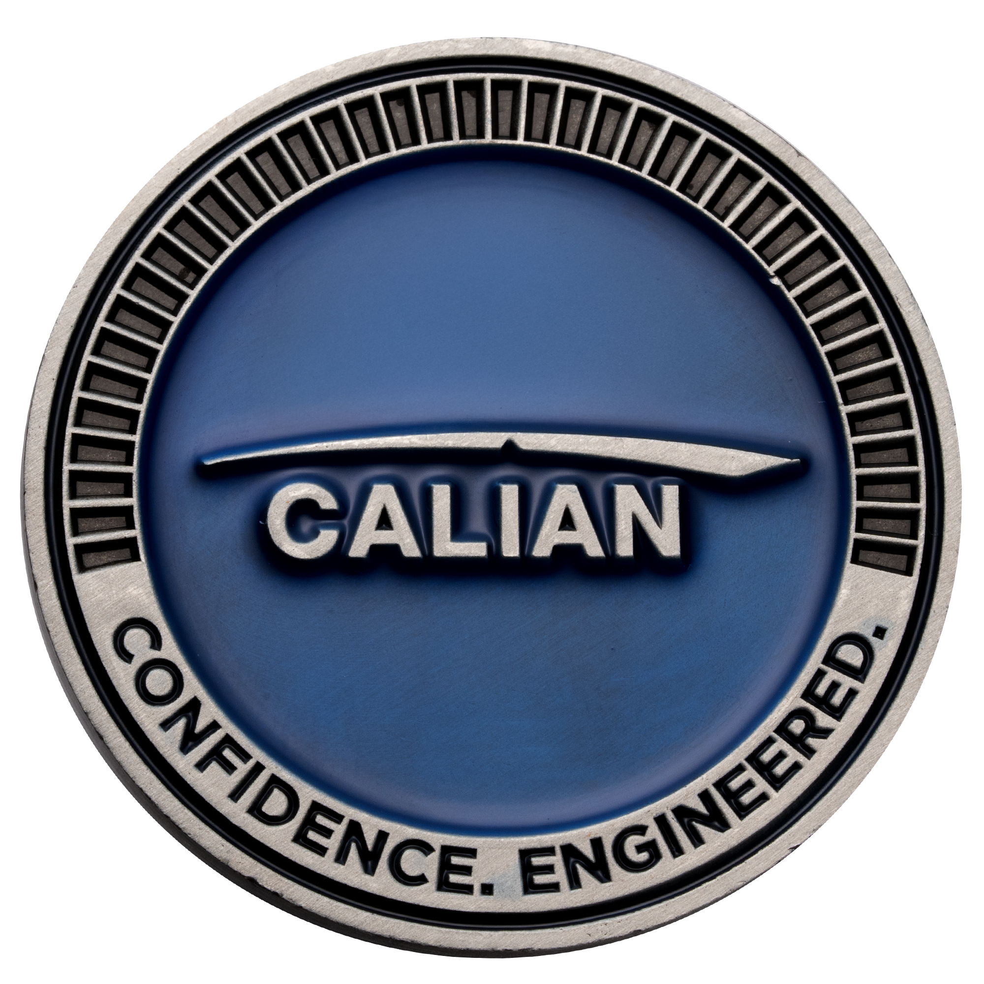 Calian challenge coin with a blue enamel center, silver logo, and 'Confidence. Engineered.' text around the border.