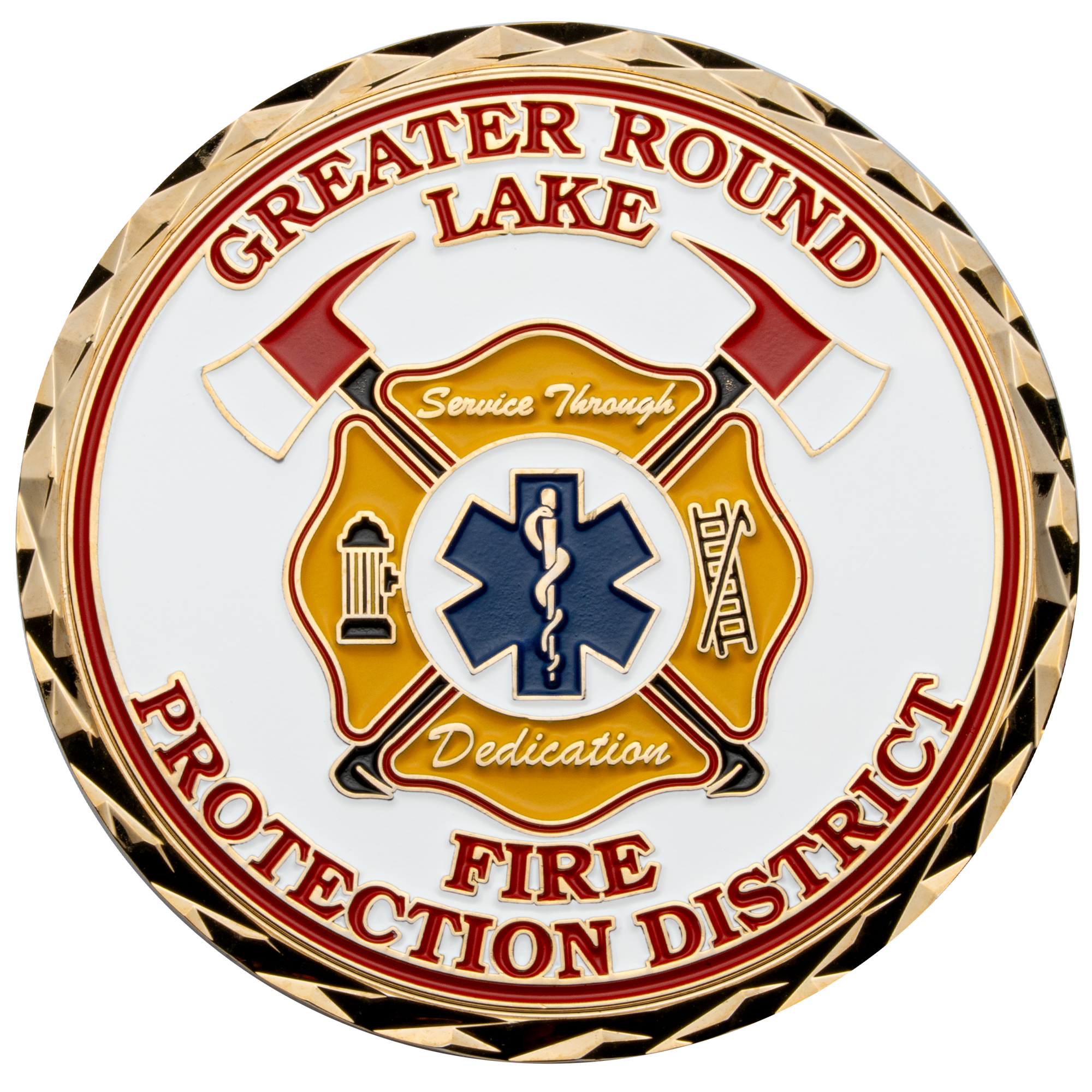 Gold challenge coin with white enamel background, featuring the Greater Round Lake Fire Protection District logo and a blue Star of Life.