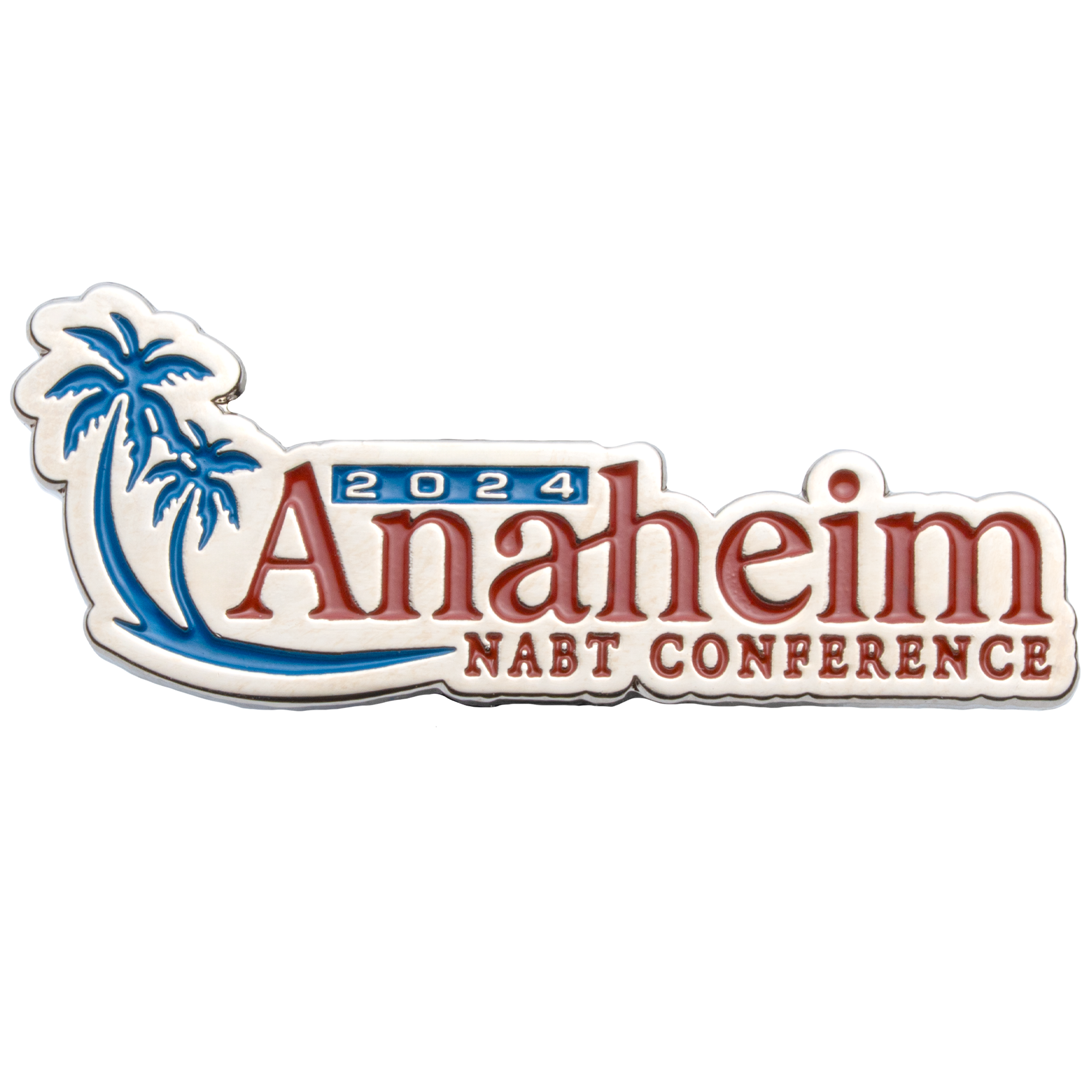Enamel lapel pin for the 2024 Anaheim NABT Conference featuring blue palm trees and red lettering on a white background.