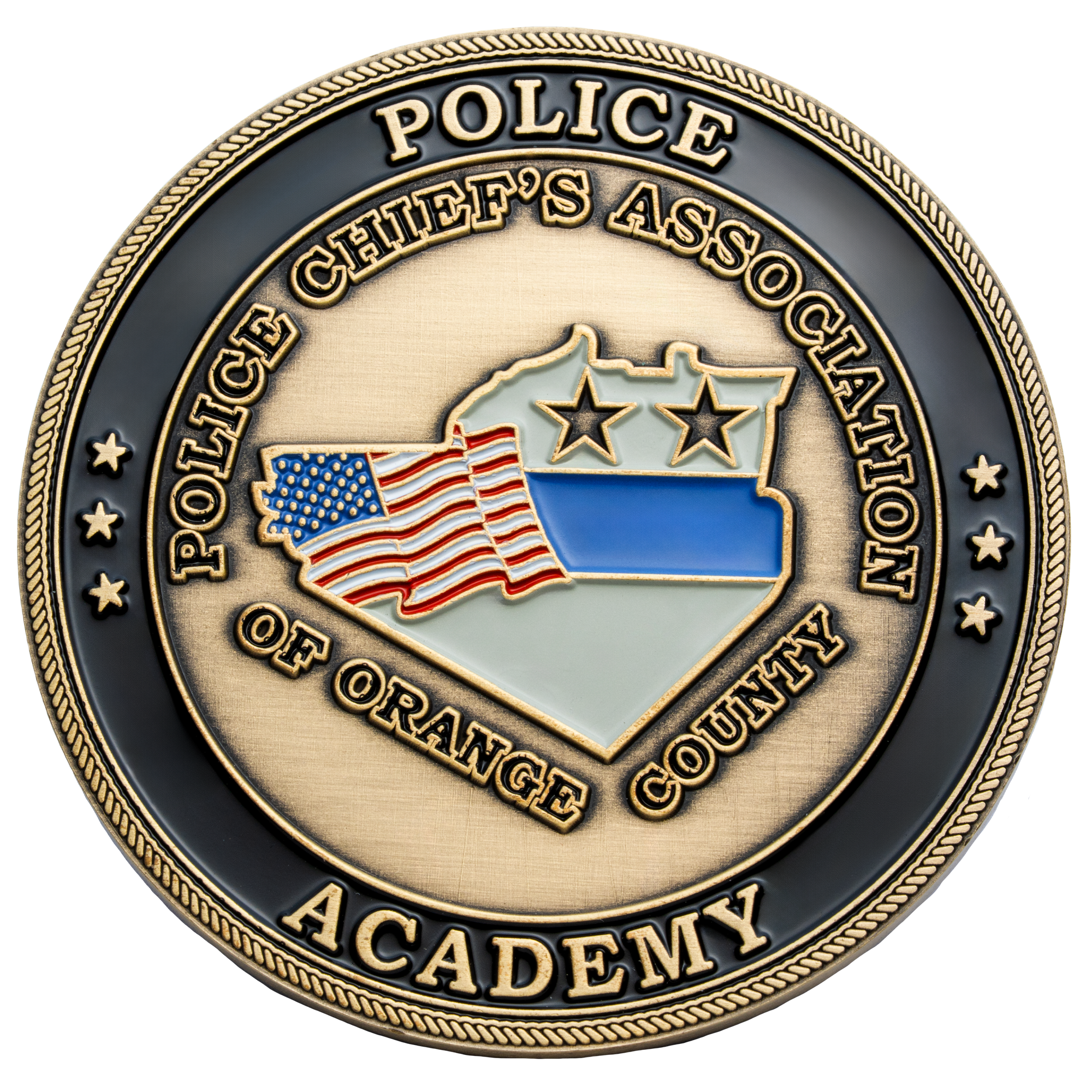 Police Chief's Association of Orange County Academy challenge coin with American flag and thin blue line map design.