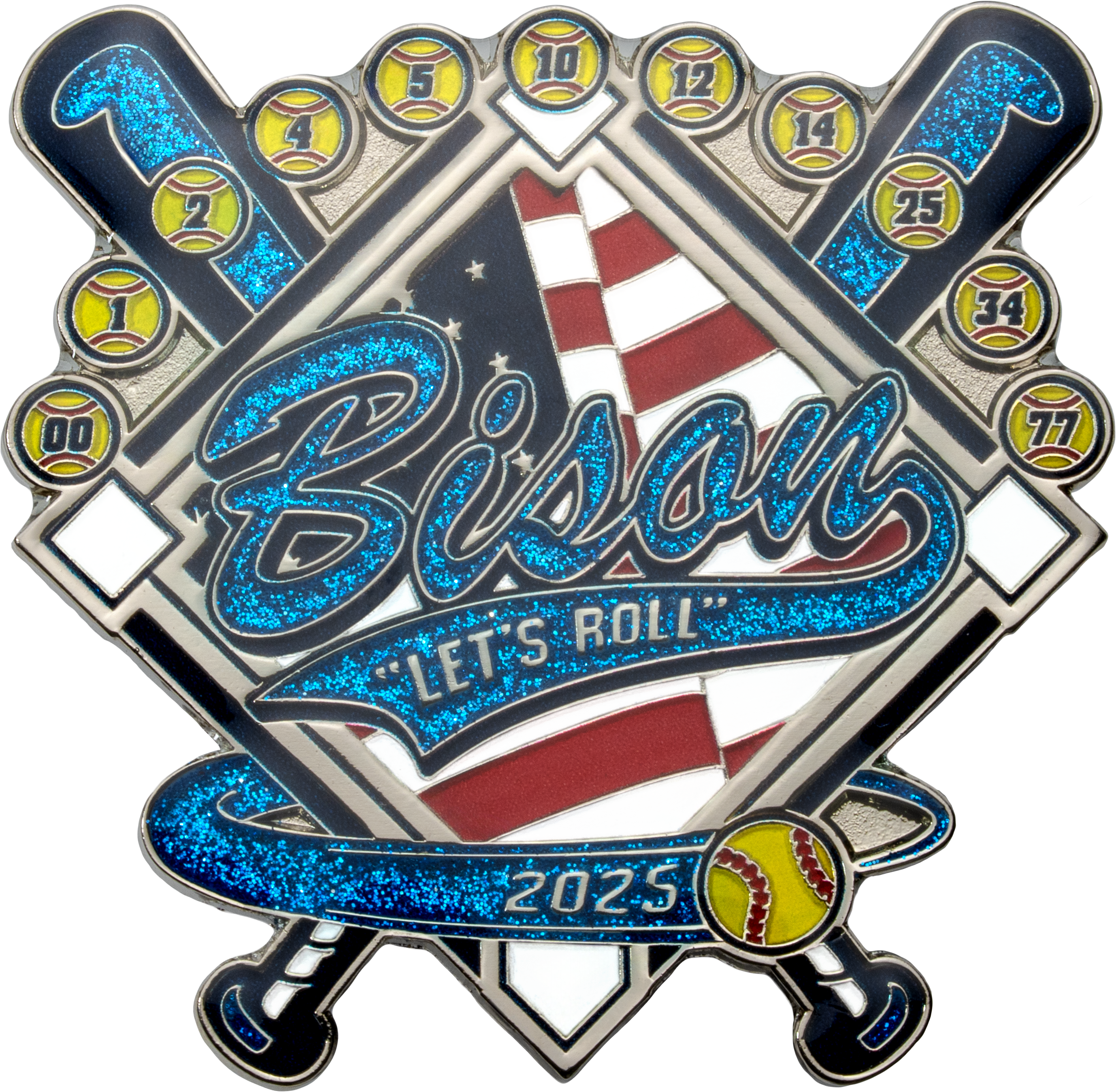 Softball lapel pin featuring the word Bison over an American flag diamond with crossed bats and yellow softballs.