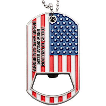 American flag themed dog tag bottle opener with stars, stripes, and text reading Honor American Heroes.