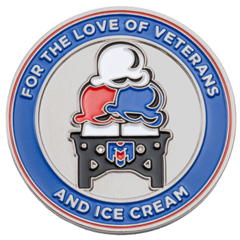 Circular challenge coin with blue border reading 'For the Love of Veterans and Ice Cream' featuring a red, white, and blue ice cream sundae design.