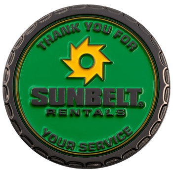 Green and black Sunbelt Rentals challenge coin featuring a yellow saw blade logo and text reading Thank You For Your Service.