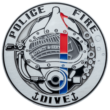 Silver challenge coin featuring a diving helmet design with red and blue accents, inscribed with Police Fire Dive.