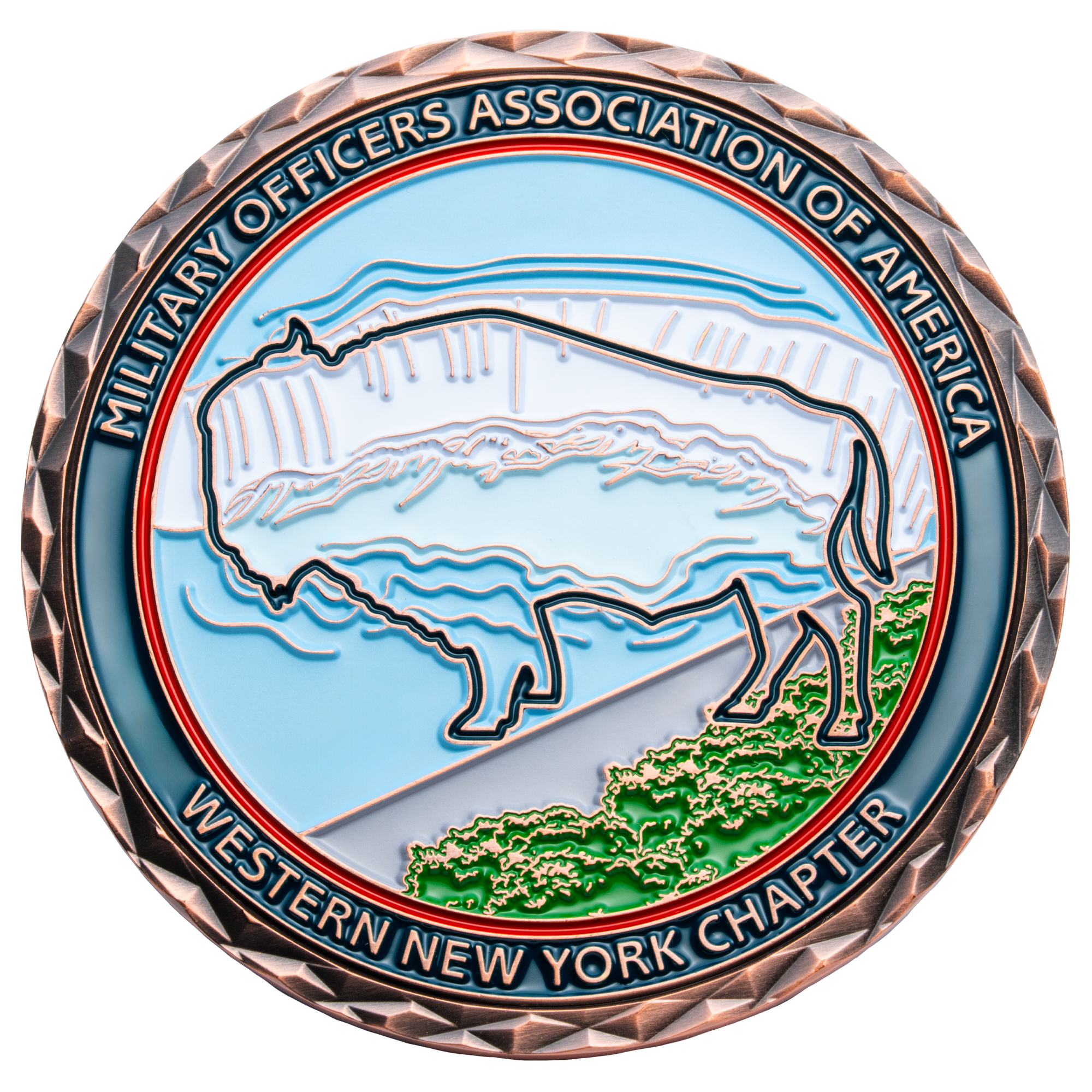 Antique copper challenge coin for Military Officers Association of America Western New York Chapter featuring a buffalo design and diamond cut edge.