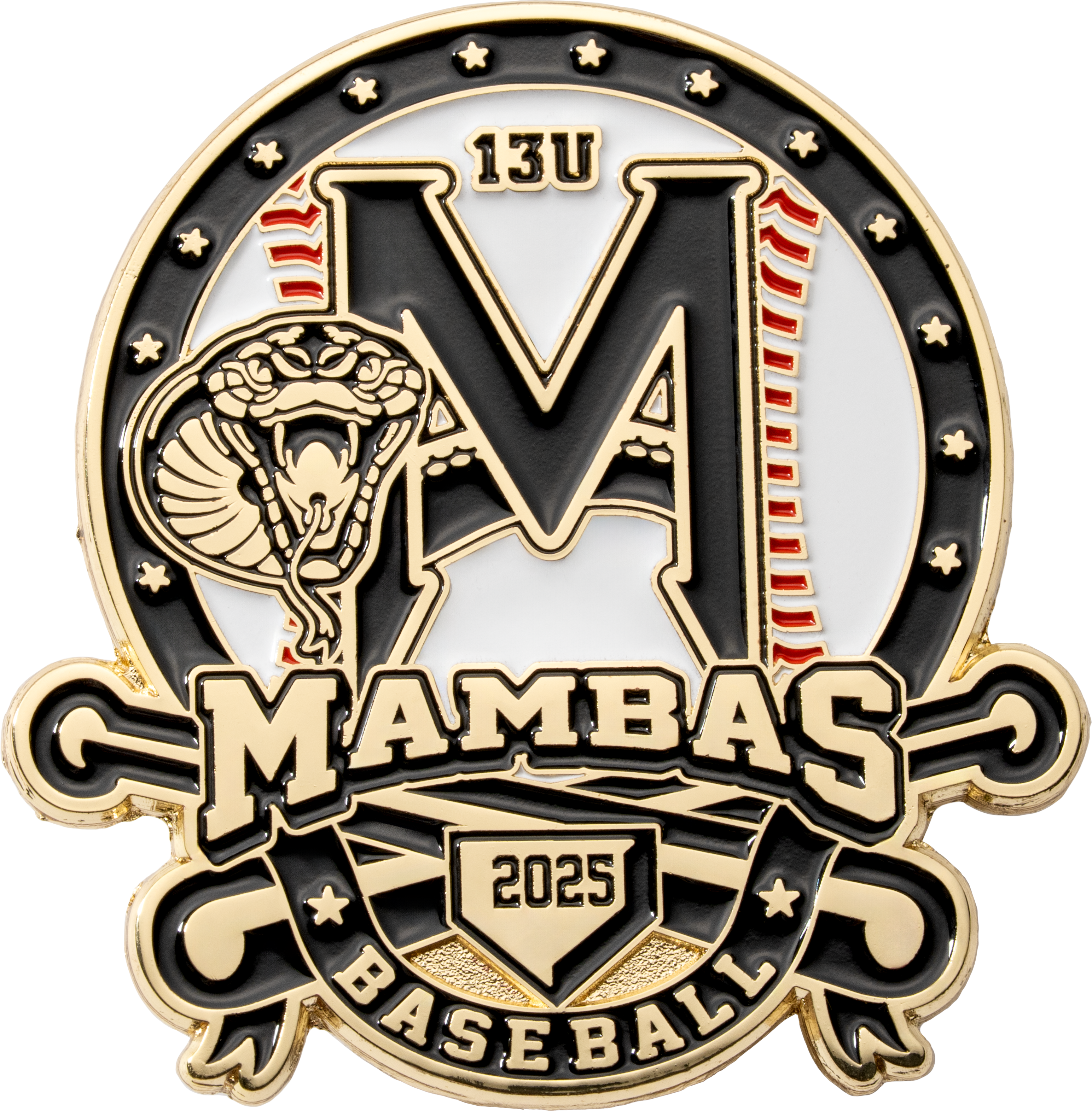 Custom 13U Mambas Baseball 2025 lapel pin featuring a black and gold cobra logo, baseball stitching, and crossed bats.