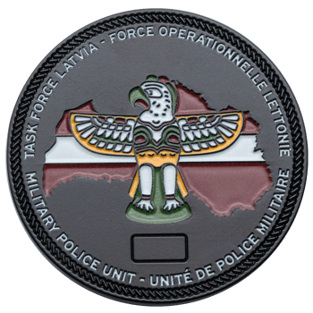 Task Force Latvia Military Police Unit challenge coin featuring a Thunderbird emblem over a map of Latvia with a rope border.