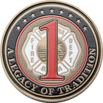 Antique bronze challenge coin featuring a large red number one over a white Maltese cross for the Daytona Beach Fire Dept.