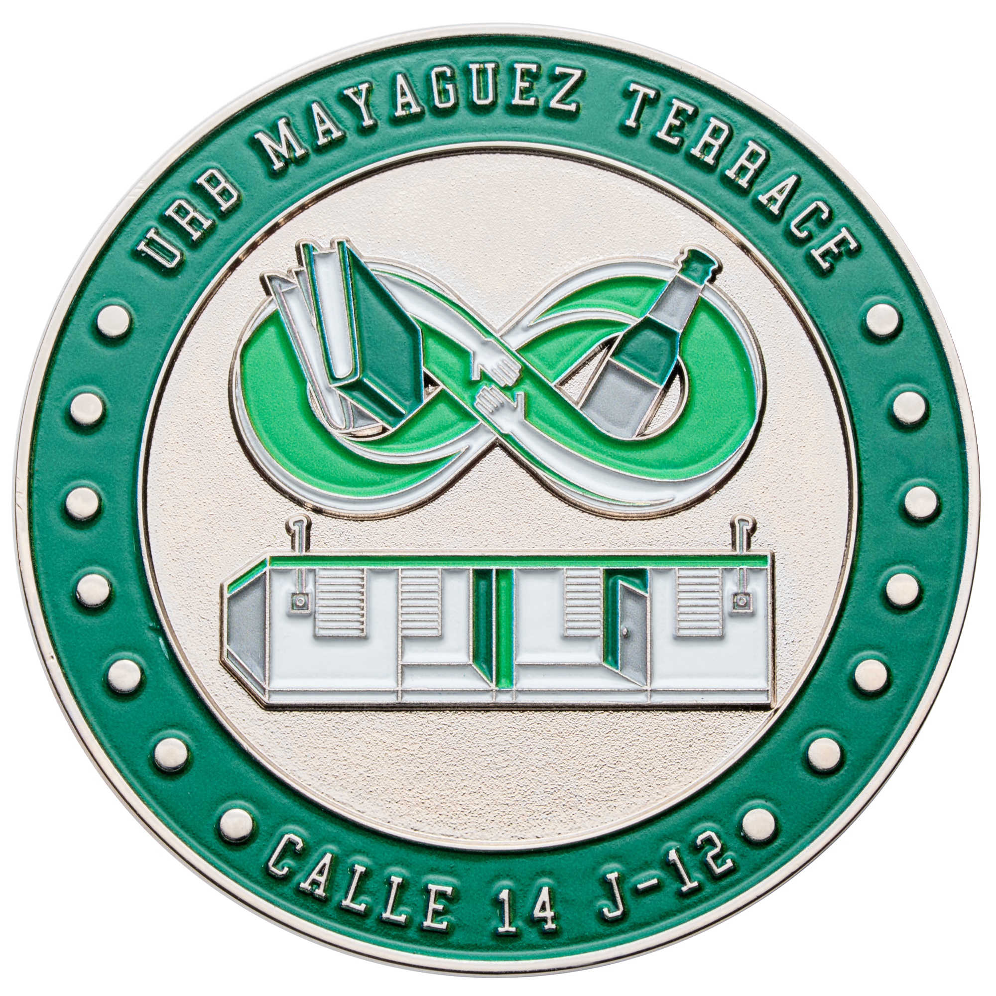 Green and silver challenge coin featuring Urb Mayaguez Terrace text, an infinity symbol with books and a bottle, and an architectural building design.