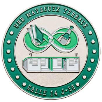 Green and silver challenge coin featuring Urb Mayaguez Terrace text, an infinity symbol with books and a bottle, and an architectural building design.