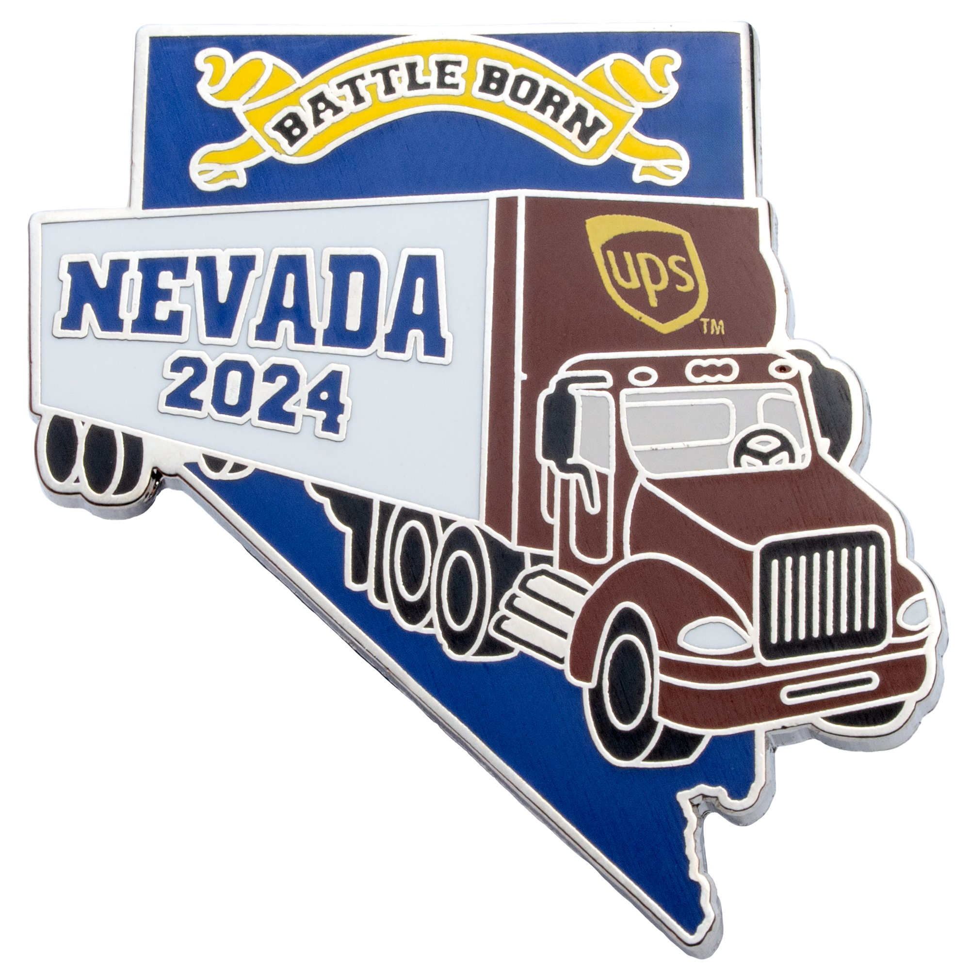 Enamel lapel pin shaped like the state of Nevada featuring a UPS delivery truck, the text Nevada 2024, and a Battle Born banner.