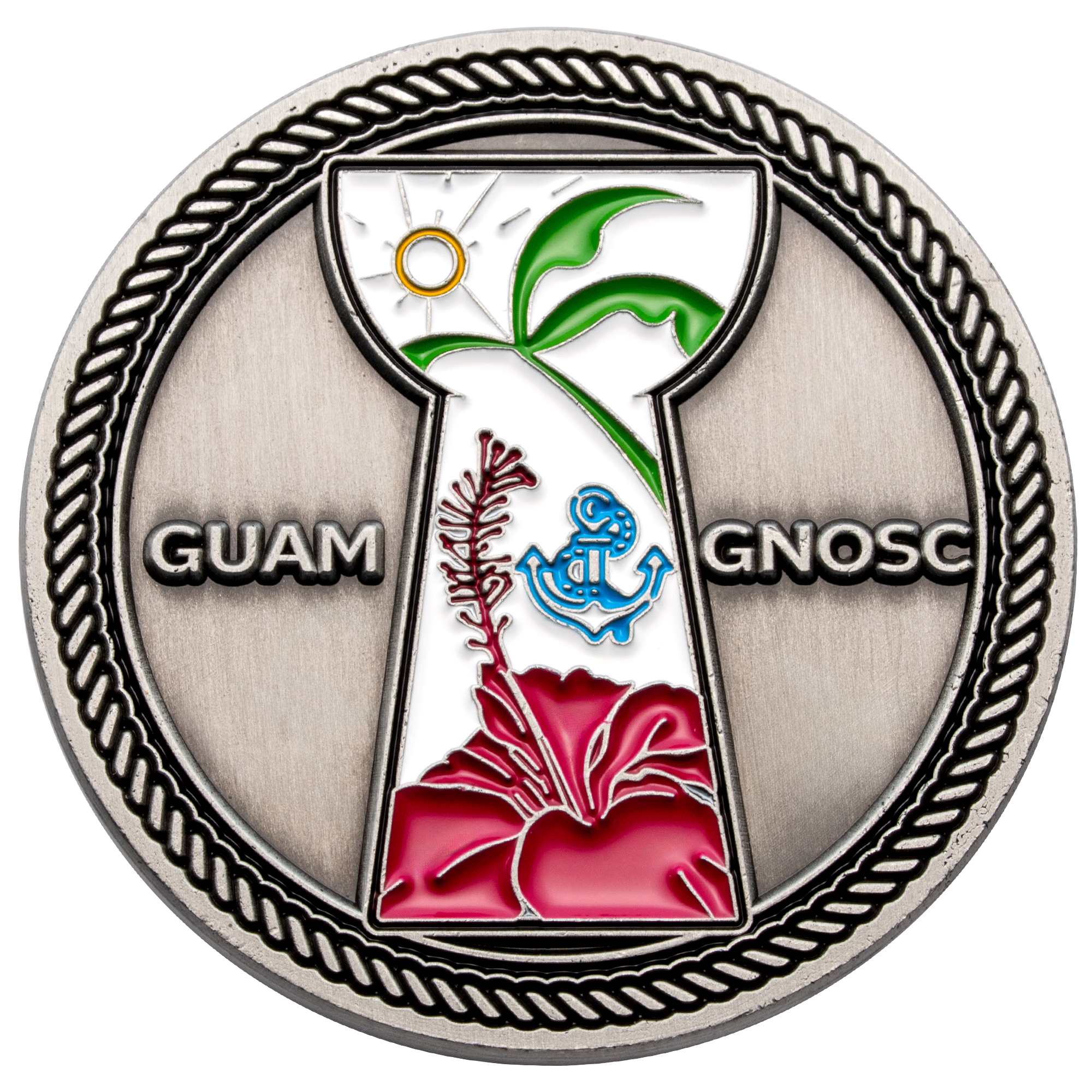 Silver challenge coin featuring Guam GNOSC text, a hibiscus flower, palm tree, and anchor within a latte stone shape.
