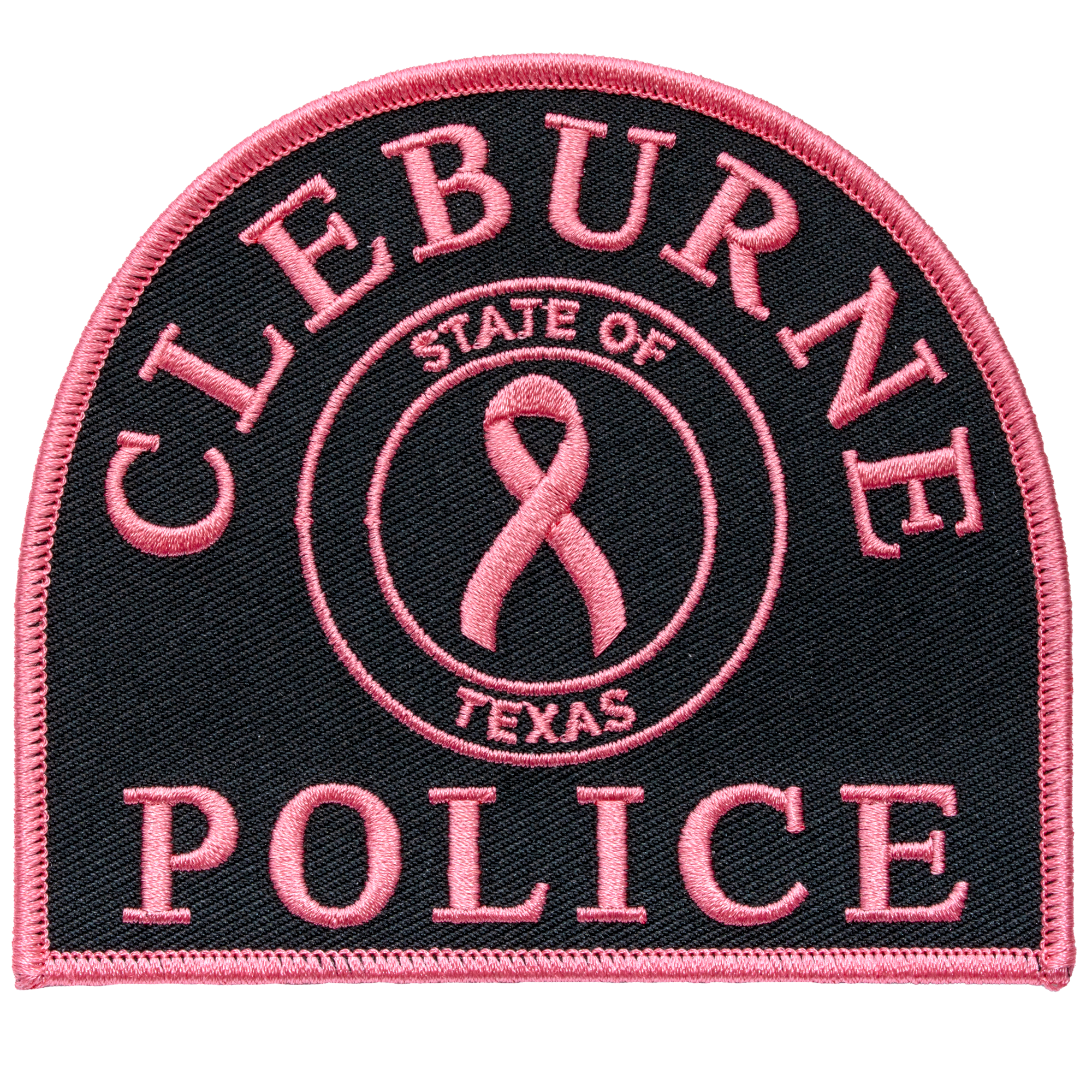 Embroidered Cleburne Police patch in black and pink featuring a breast cancer awareness ribbon and State of Texas seal.