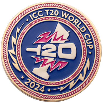 ICC T20 World Cup 2024 challenge coin featuring blue enamel, gold lightning bolts, and a rope border design.