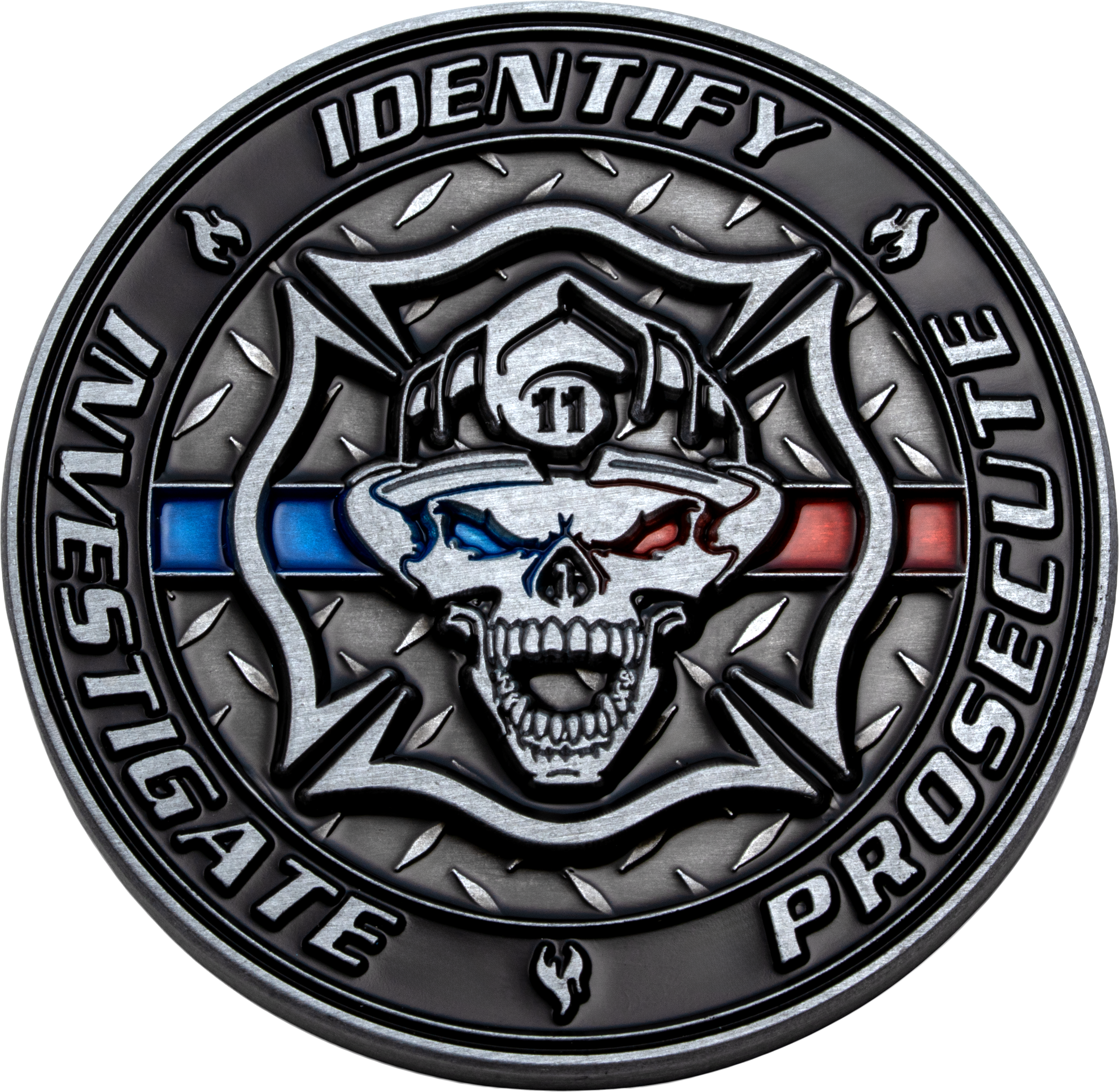 Challenge coin featuring a skull in a firefighter helmet over a Maltese cross with blue and red accents and diamond plate texture.