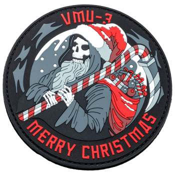 Circular PVC patch featuring a skeleton in a Santa hat holding a candy cane scythe with VMU-3 and Merry Christmas text.