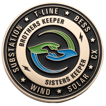 Circular gold and black challenge coin featuring reaching hands and text for Substation, T-Line, BESS, CX, Solar, and Wind.