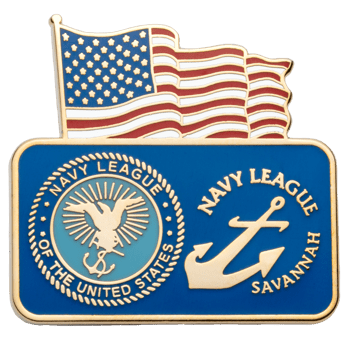 Gold-rimmed lapel pin featuring the American flag above the Navy League of the United States seal and a Savannah anchor emblem on a blue background.