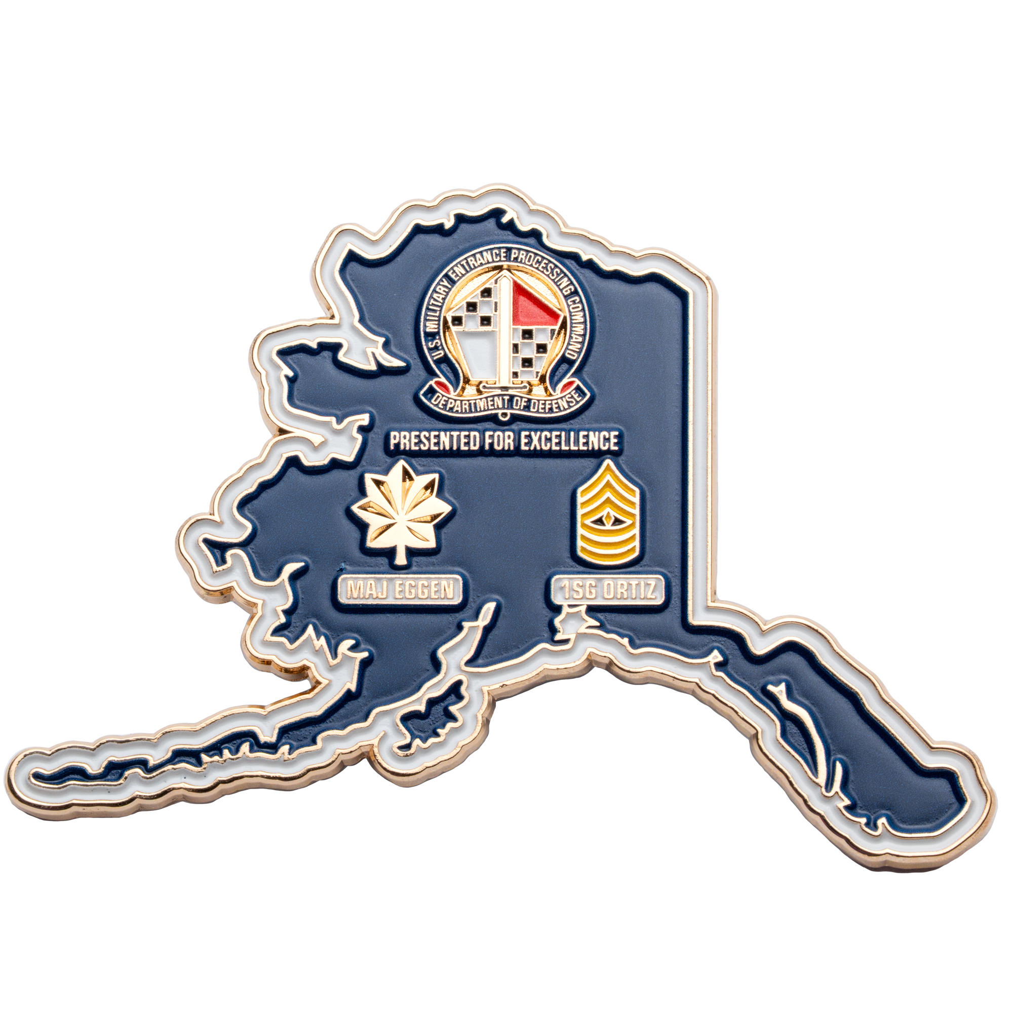 Alaska-shaped challenge coin featuring the U.S. Military Entrance Processing Command emblem, Major rank leaf, and First Sergeant stripes on a blue background.