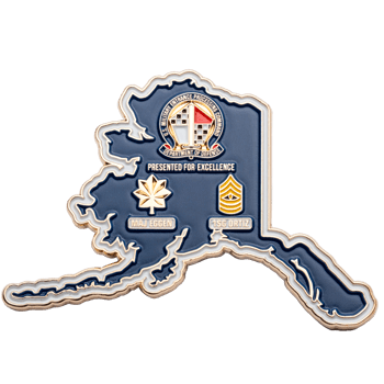 Alaska-shaped challenge coin featuring the U.S. Military Entrance Processing Command emblem, Major rank leaf, and First Sergeant stripes on a blue background.