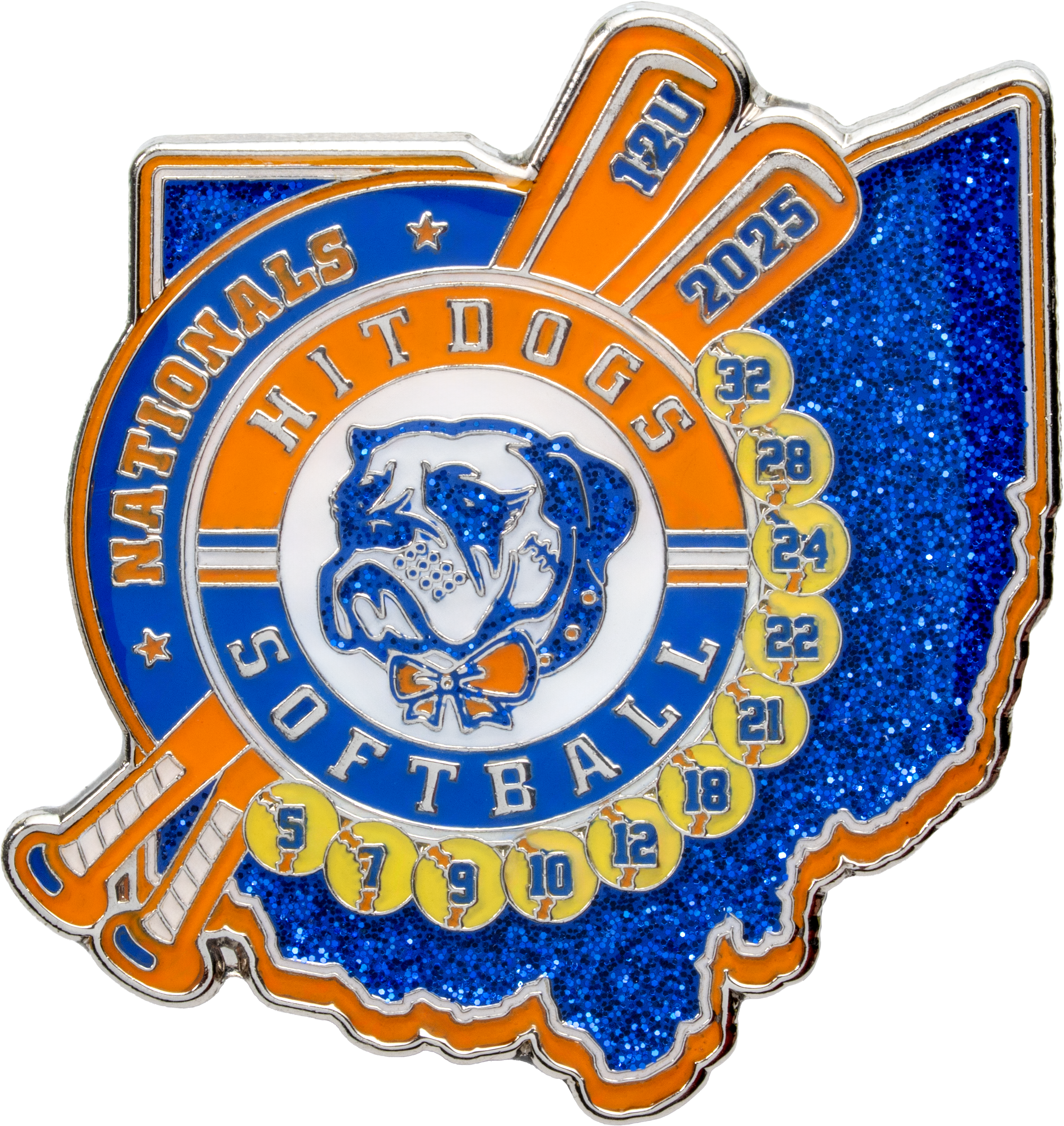 Custom lapel pin for Hitdogs Softball featuring a bulldog mascot, crossed bats, and the state of Ohio in blue glitter and orange enamel.