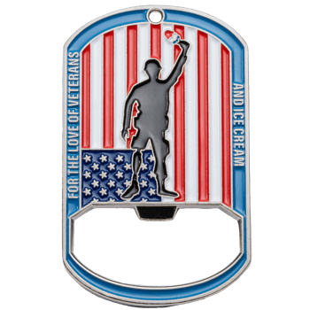 Metal bottle opener with red, white, and blue enamel, featuring a soldier silhouette holding an ice cream cone over a US flag background.