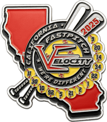 Custom softball lapel pin featuring California state outline, crossed bats, and yellow softballs with player numbers.