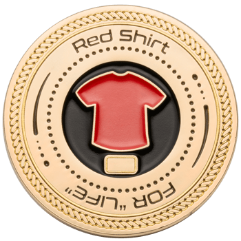 Gold challenge coin with a red enamel shirt icon in the center, featuring a black background and rope border.