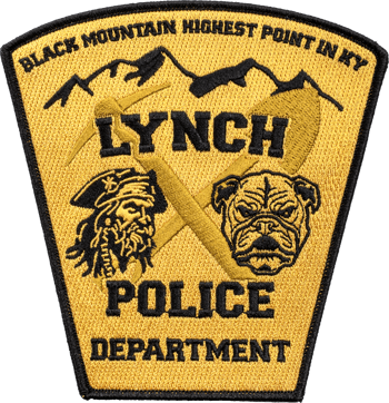 Lynch Police Department embroidered patch featuring a pirate, bulldog, crossed tools, and mountain silhouette on a yellow background.