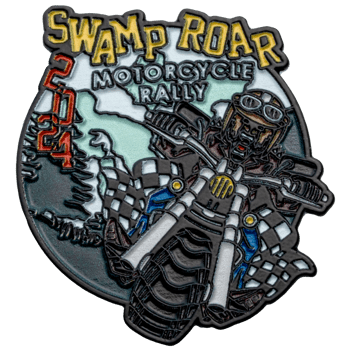 Enamel lapel pin featuring a motorcycle rider, checkered flags, and text reading Swamp Roar Motorcycle Rally 2024.