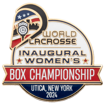 Enamel lapel pin for the 2024 World Lacrosse Inaugural Women's Box Championship in Utica, New York featuring a helmet and clock tower design.