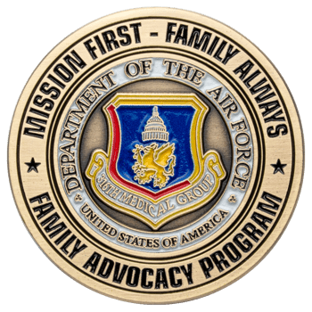 Antique gold challenge coin for the Air Force Family Advocacy Program featuring the 316th Medical Group shield with a griffin and capitol dome.