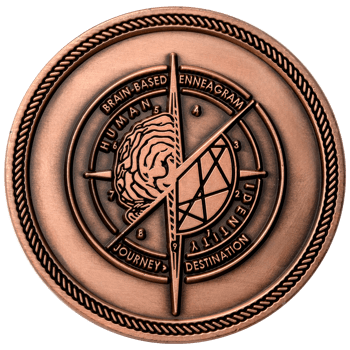 Antiqued copper challenge coin featuring a compass rose with brain and geometric Enneagram designs.
