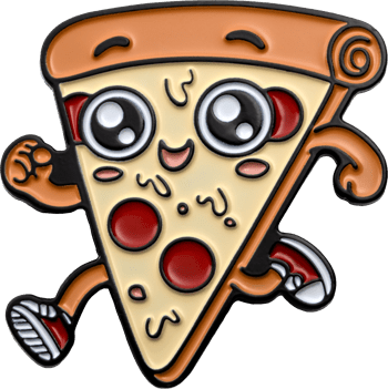 Running pepperoni pizza character lapel pin with large eyes and sneakers.