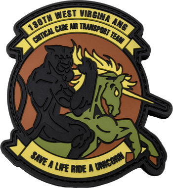 PVC morale patch for 130th West Virginia ANG Critical Care Air Transport Team featuring a black panther riding a green unicorn.