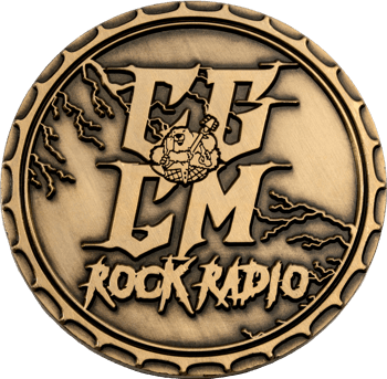 Antiqued bronze challenge coin featuring the CBM Rock Radio logo with lightning bolts and a bottle cap border.