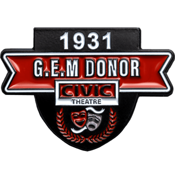 Custom shield-shaped G.E.M. Donor Civic Theatre lapel pin in red, black, and silver with drama masks and the year 1931.
